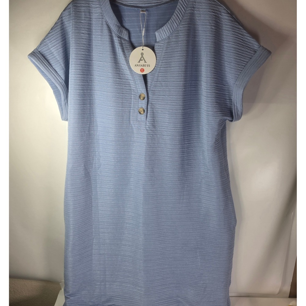ANRABESS Women Light Blue Textured Henley Shift Dress Size XL Short Sleeve NWT